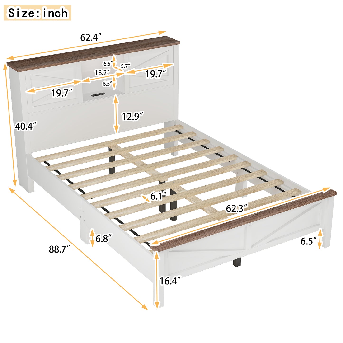 Organized Bedroom Solution Queen Platform Bed with Charging Station in White and Brown