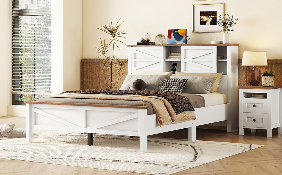 White and wood farmhouse bed frame with builtin headboard storage