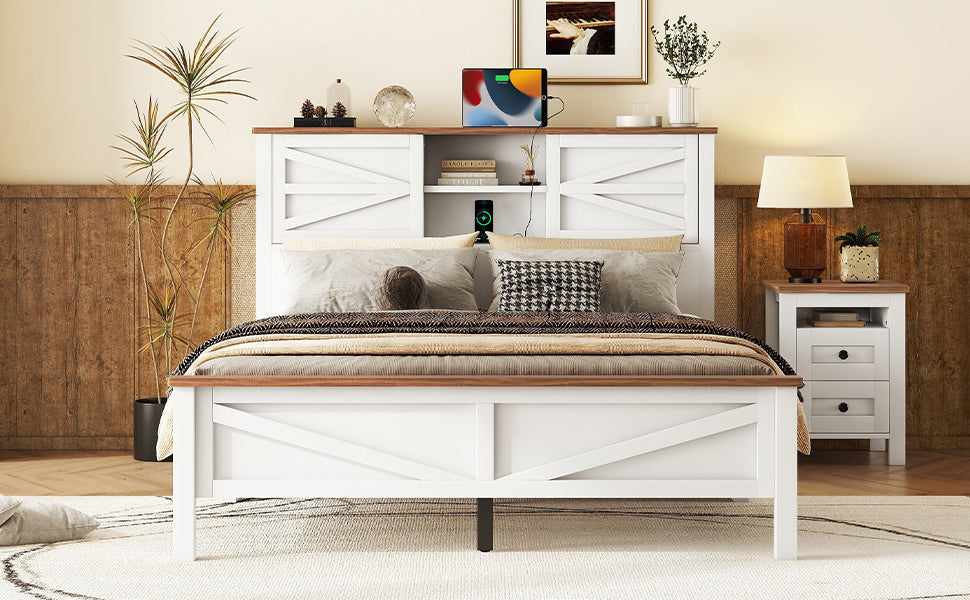 White wooden bed frame with builtin headboard charging station