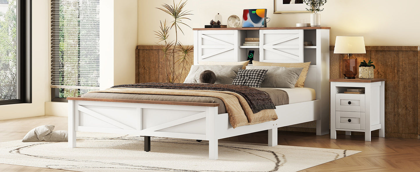 White wooden bed frame with a rustic wood headboard and storage