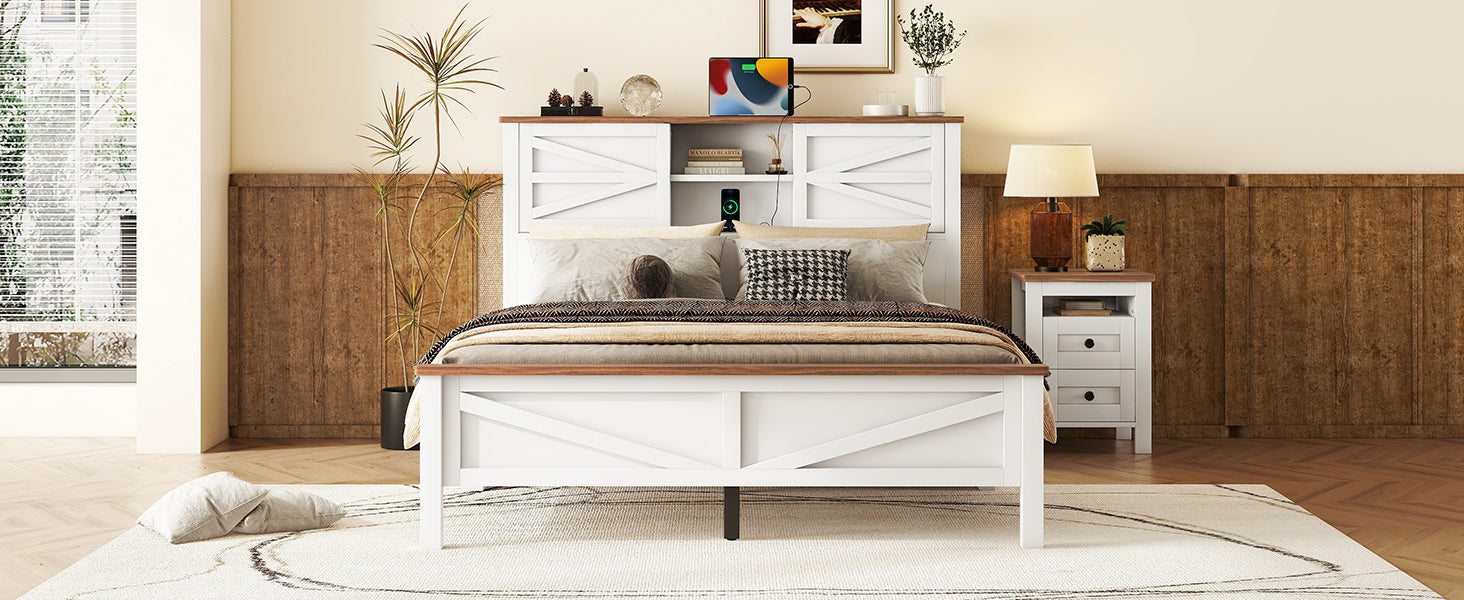 White wooden bed frame with builtin shelving and charging ports