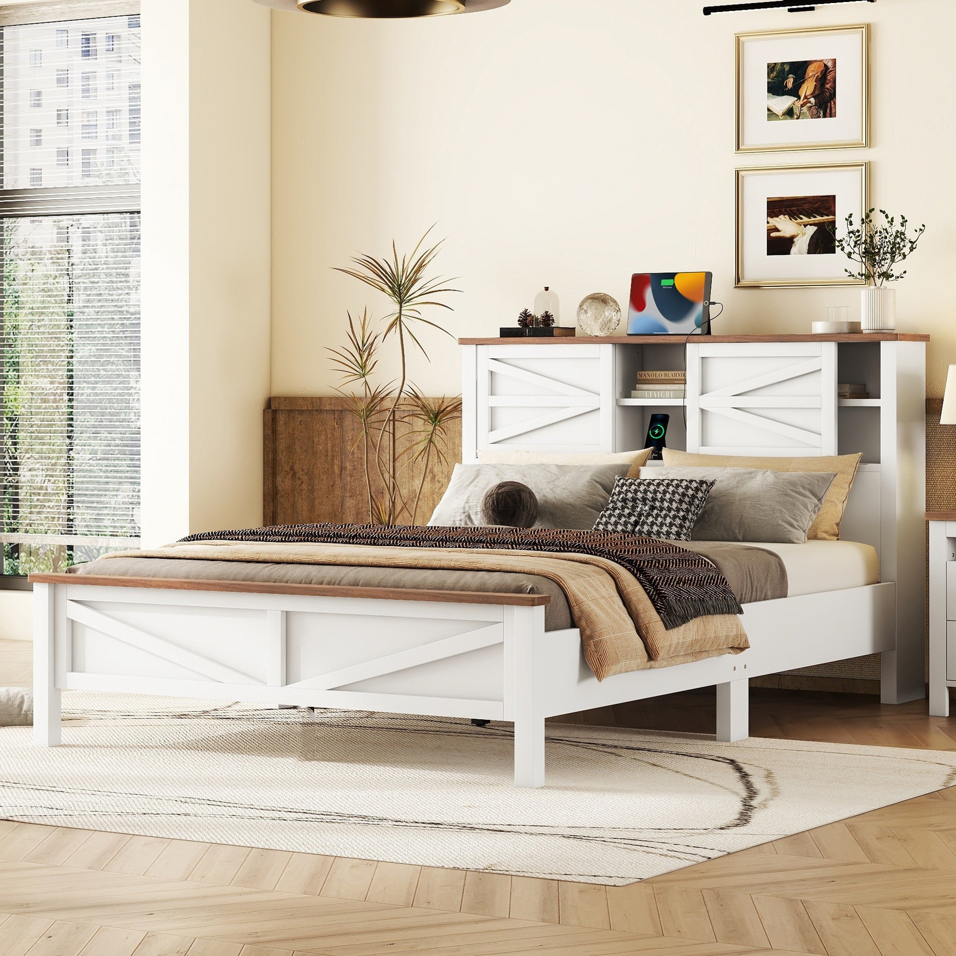 White wooden platform bed with Xframe headboard and storage shelves