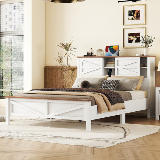 White wooden platform bed with Xframe headboard and storage shelves