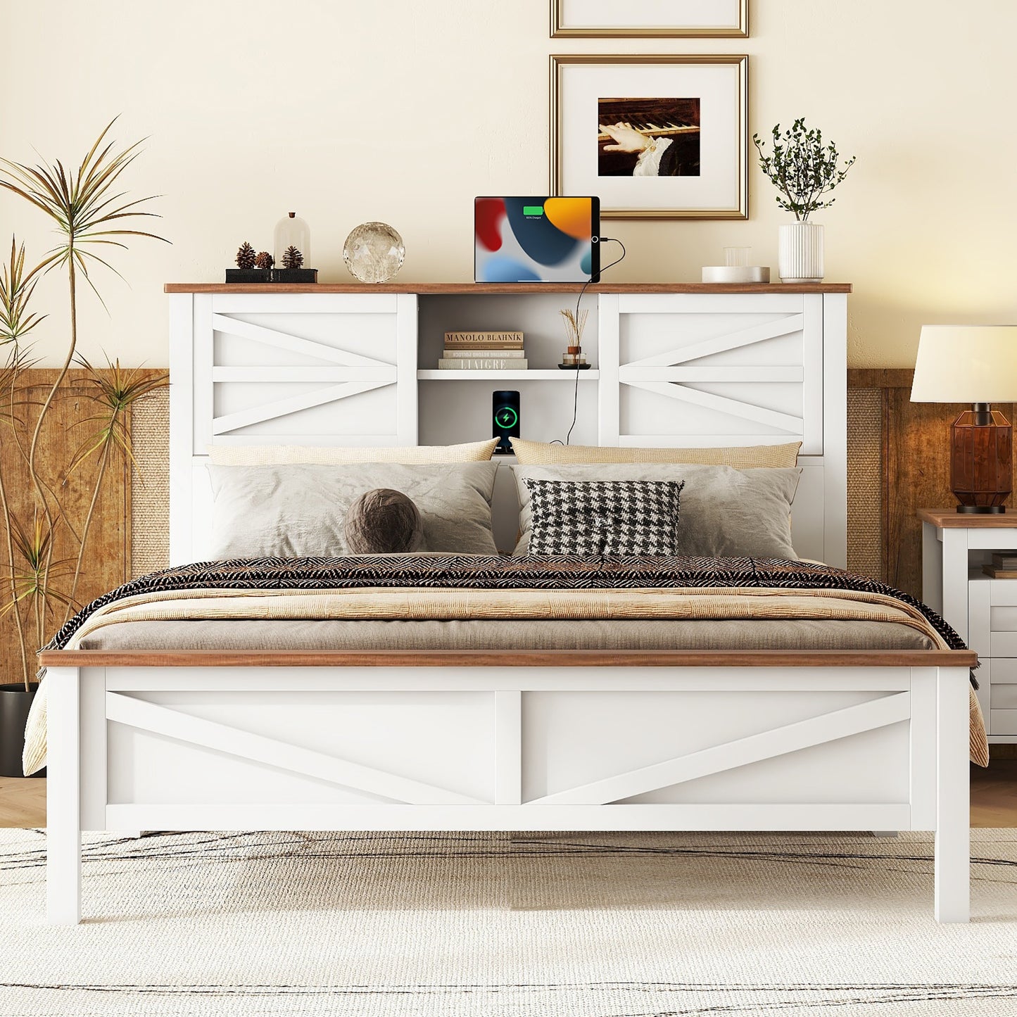 White wood farmhouse bed frame with builtin storage headboard