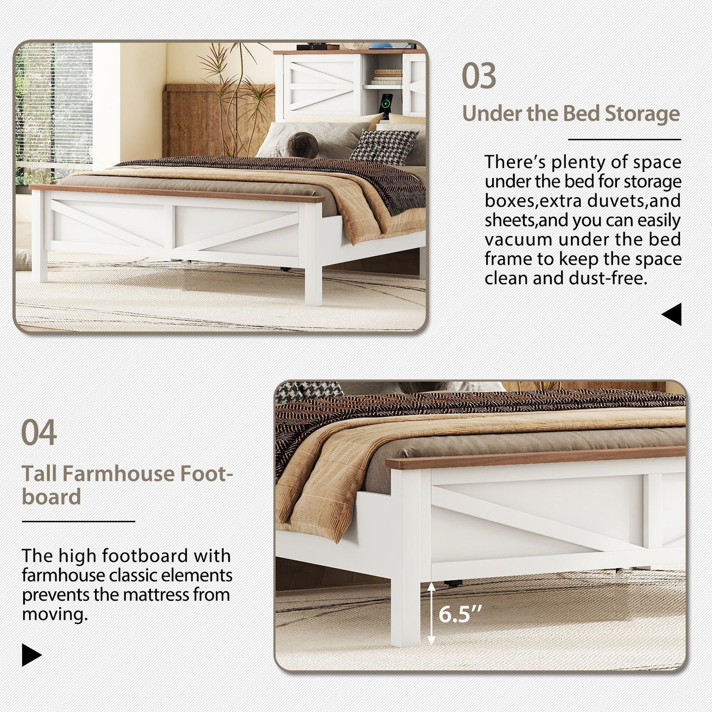 White and wood farmhouse bed frame with Xdesign panels