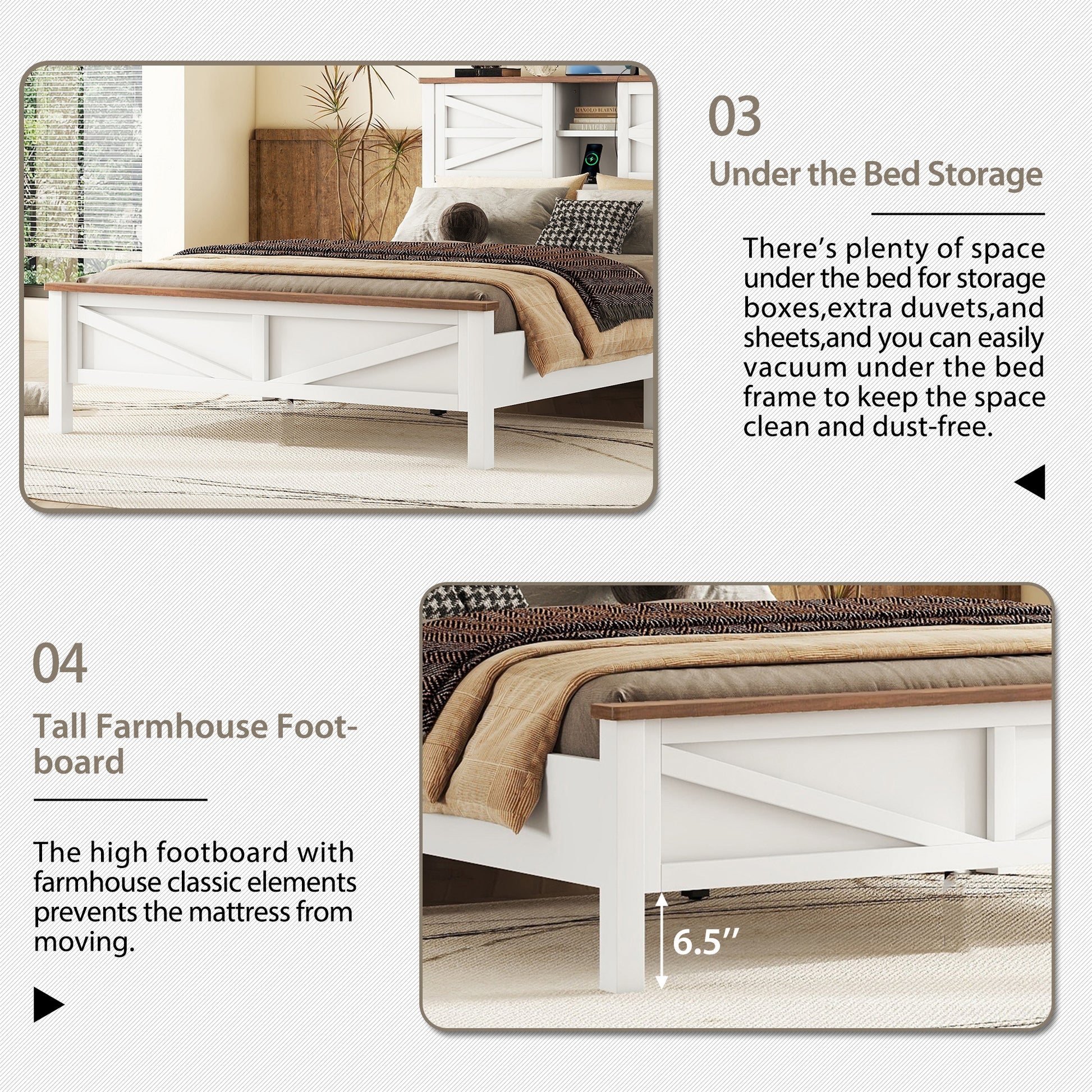 White and wood farmhouse bed frame with Xdesign panels