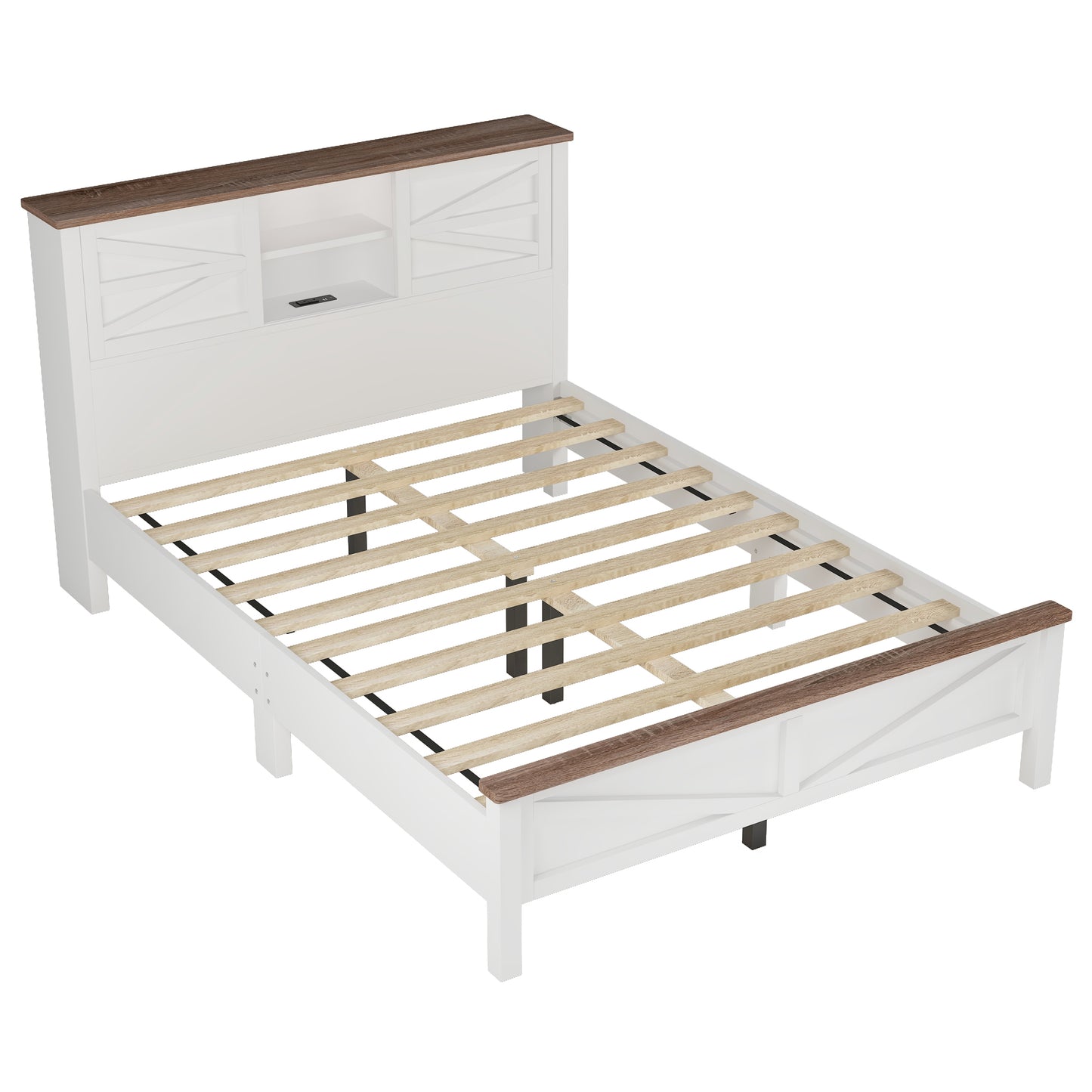 White and wood paneled bed frame with builtin headboard shelves