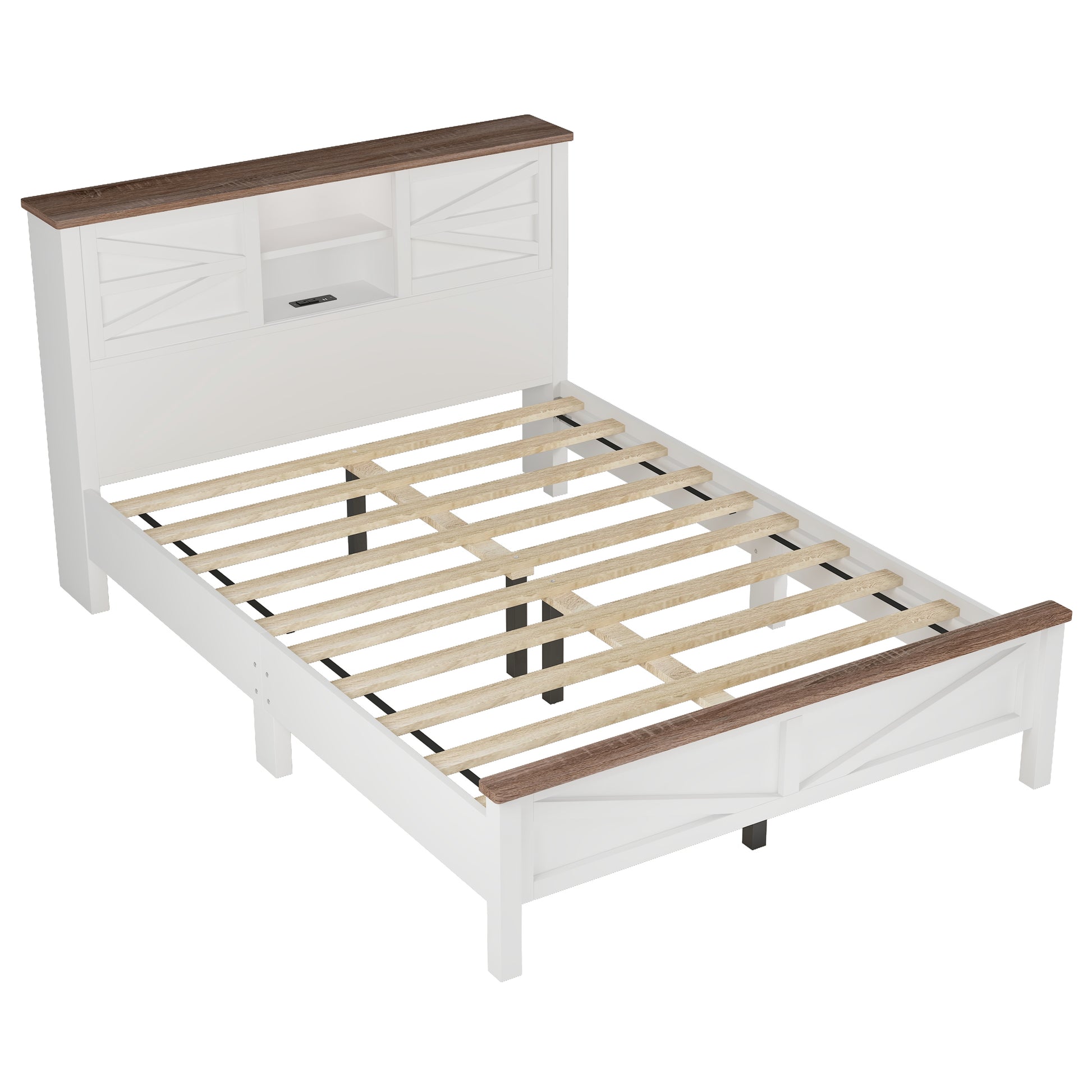 White and wood paneled bed frame with builtin headboard shelves