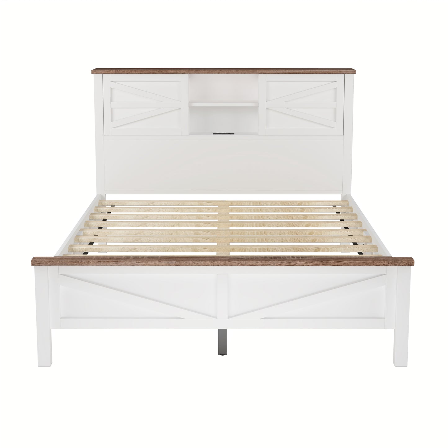 White farmhouse bed frame with wood accents and builtin headboard shelf