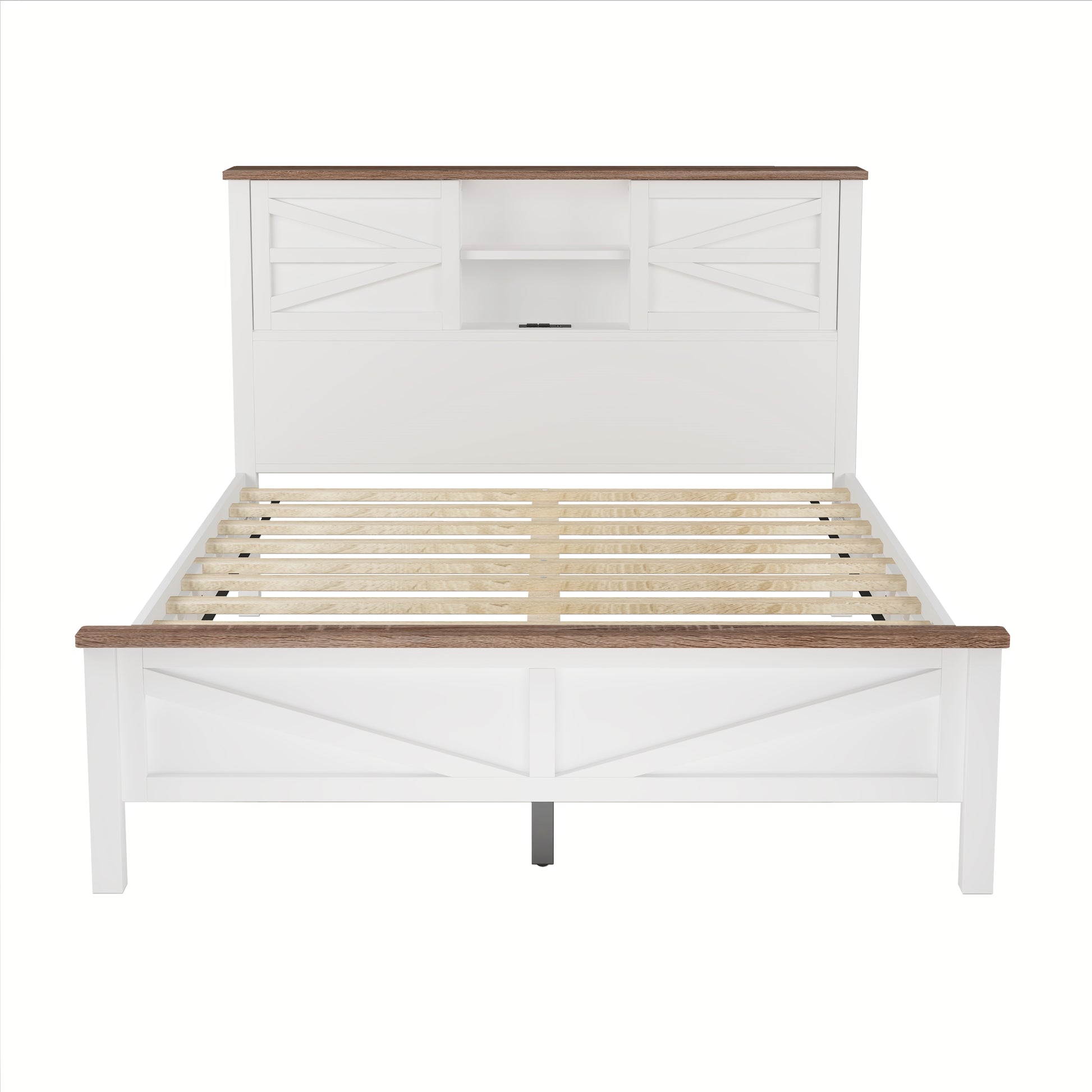 White farmhouse bed frame with wood accents and builtin headboard shelf