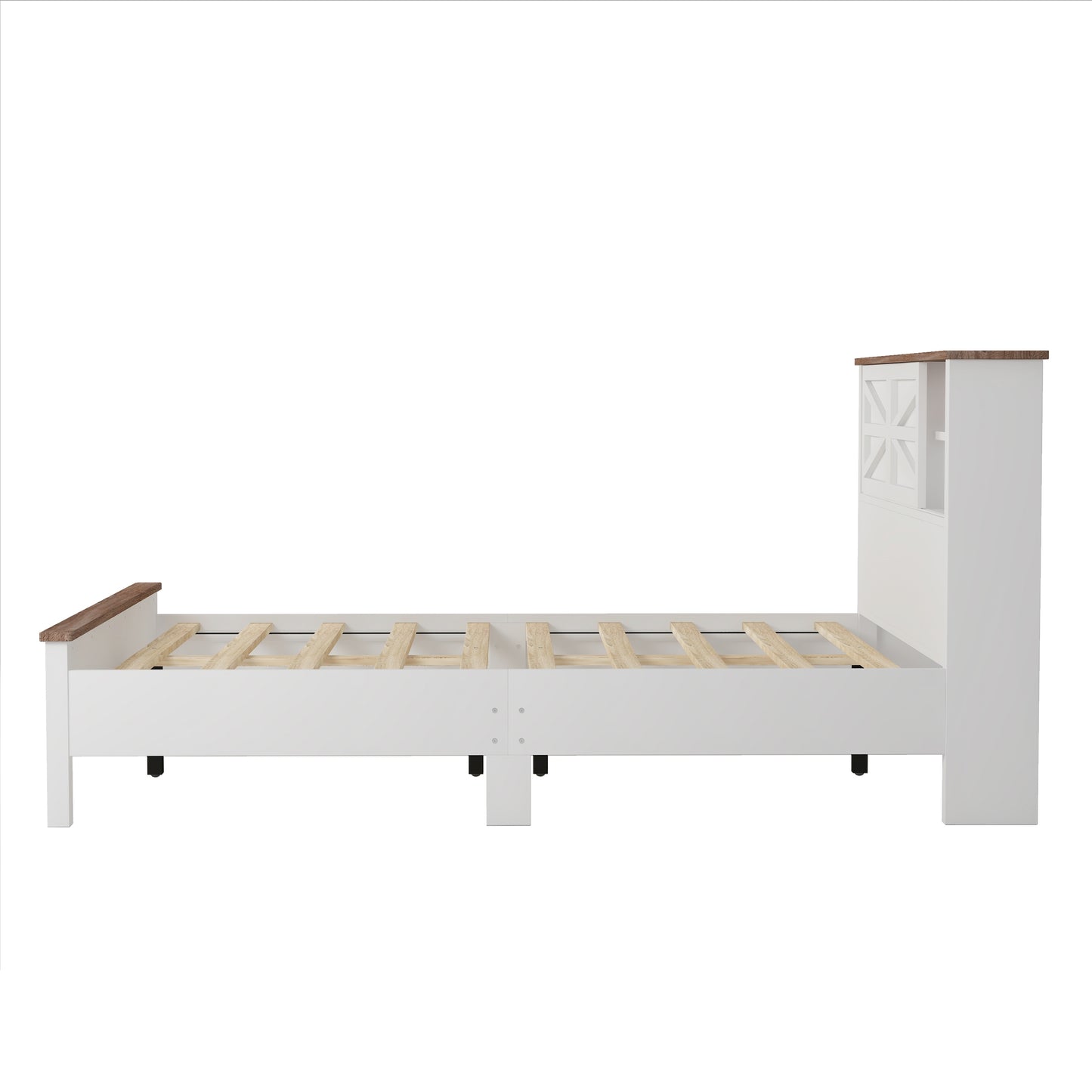 White wooden twin bed frame with woodtoned accents and slatted base