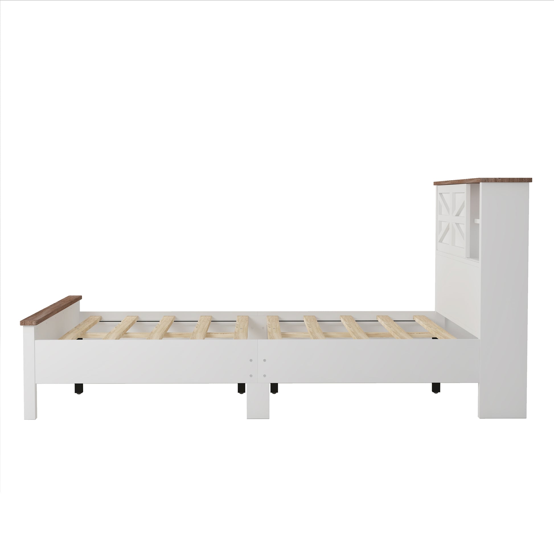 White wooden twin bed frame with woodtoned accents and slatted base