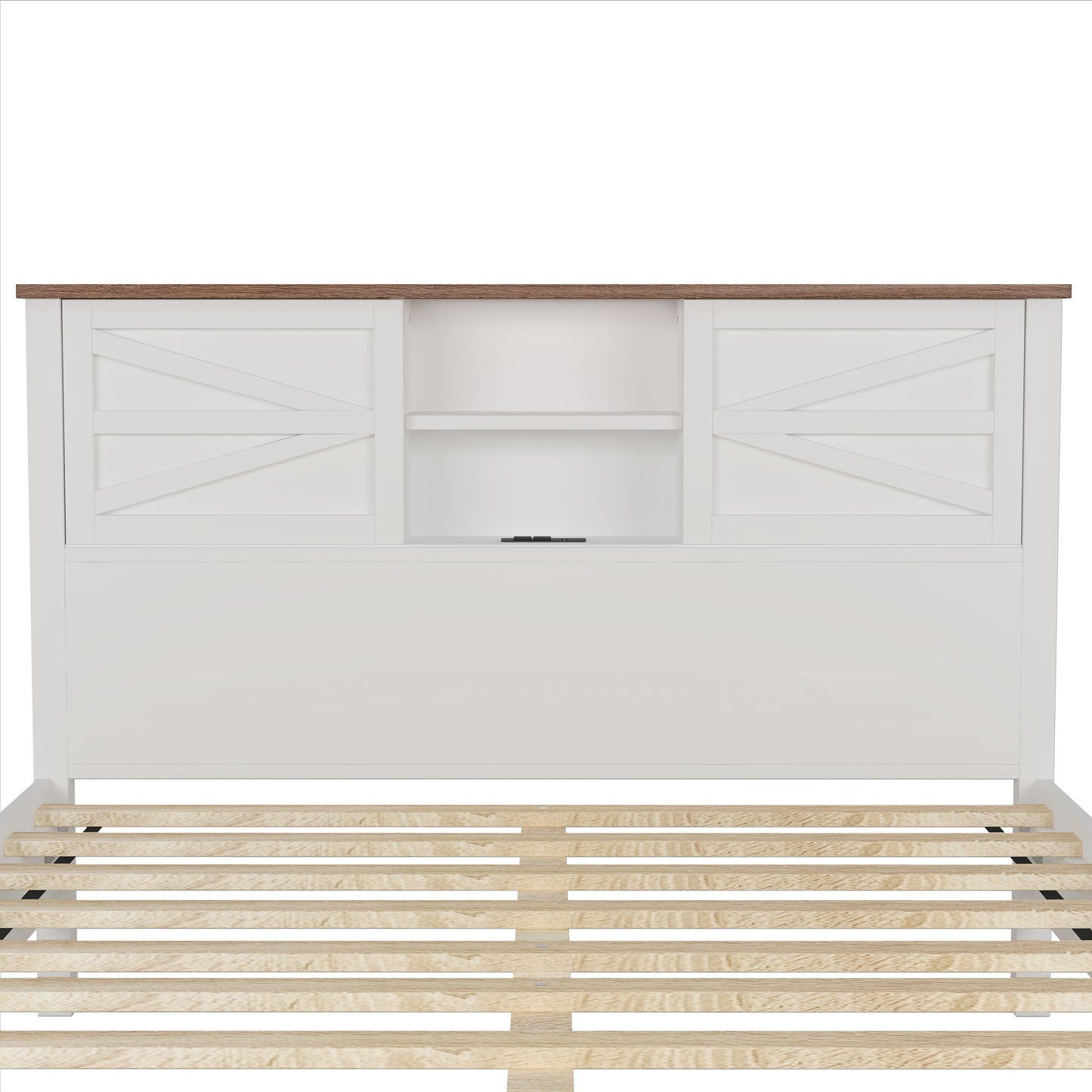 Organized Bedroom Solution Queen Platform Bed with Charging Station in White and Brown