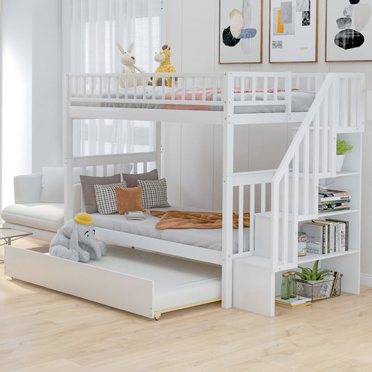 White wooden bunk bed with stairs and storage shelves