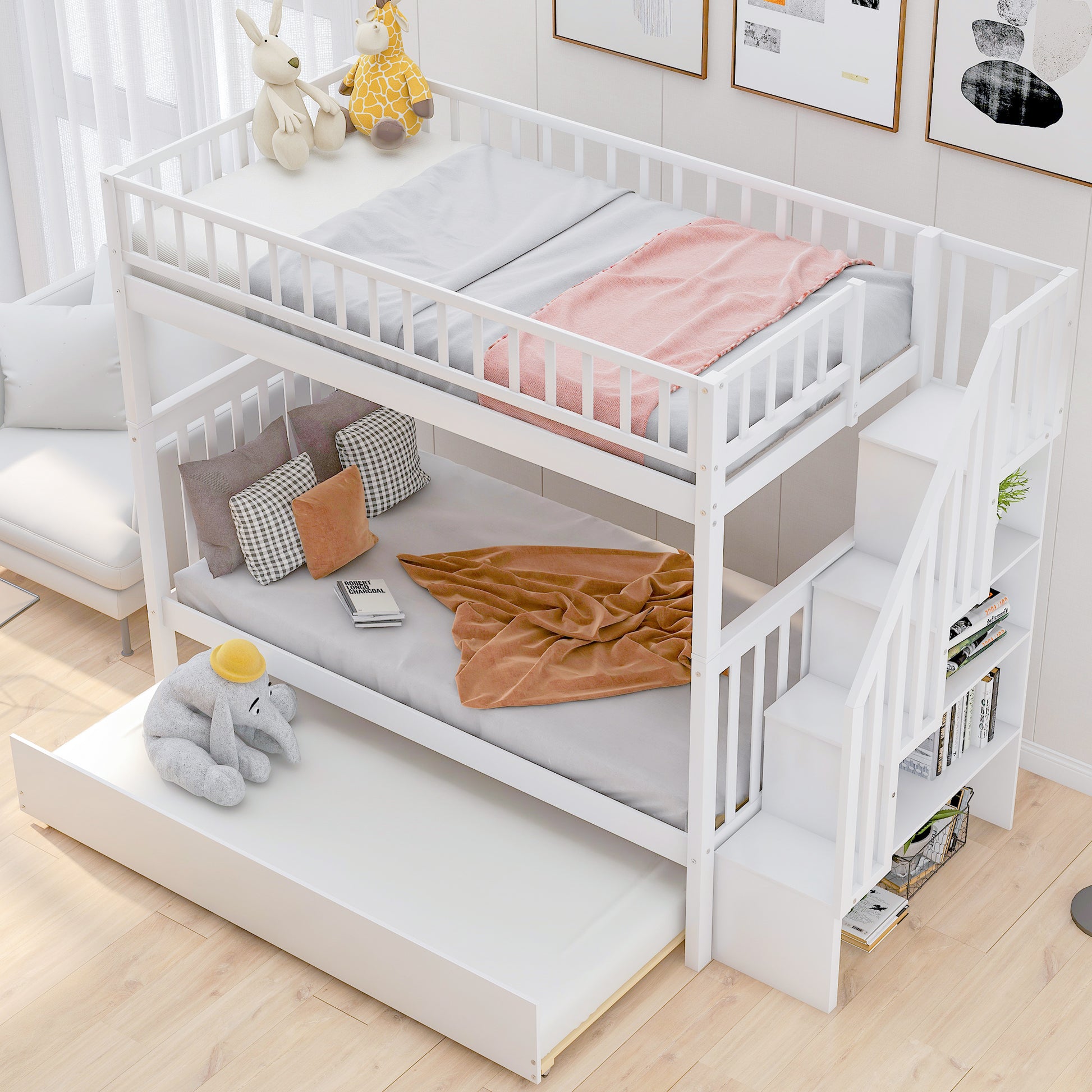 White wooden bunk bed with a pullout trundle perfect for kids rooms