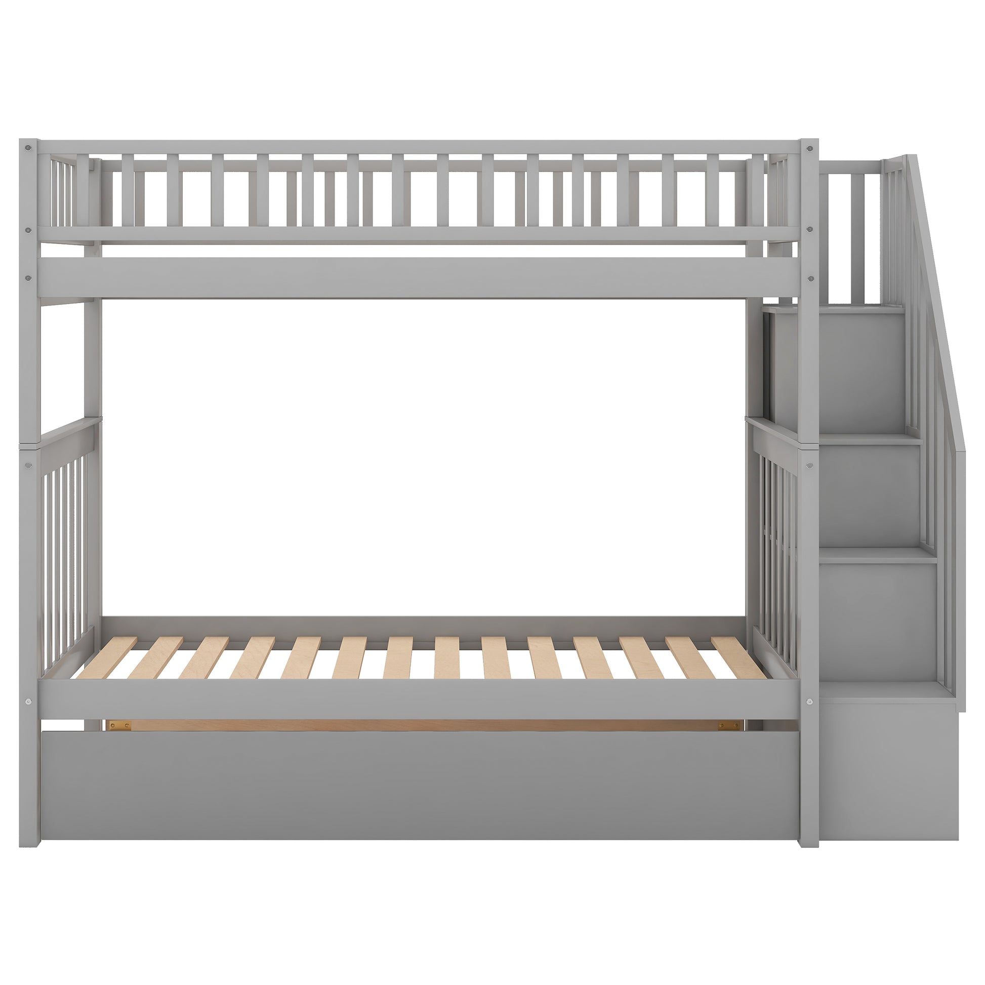 Gray wooden bunk bed with stairs and drawers