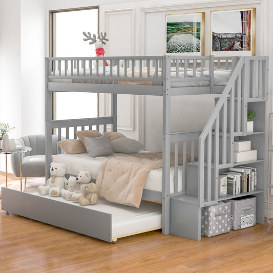 Grey wooden bunk bed with stairs and pullout trundle