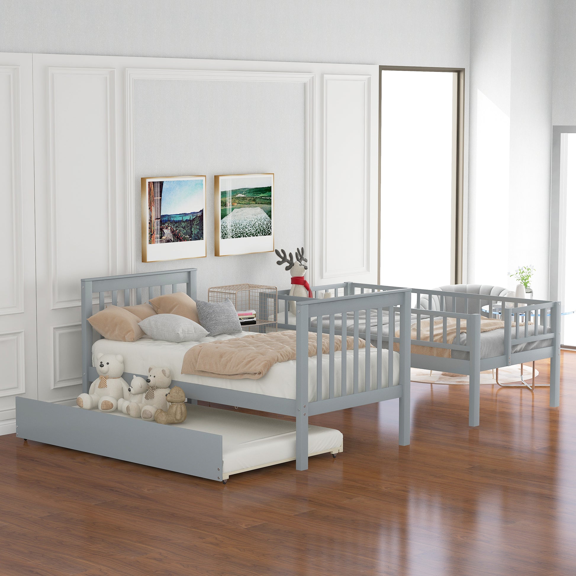 Gray twin over twin bunk bed with trundle