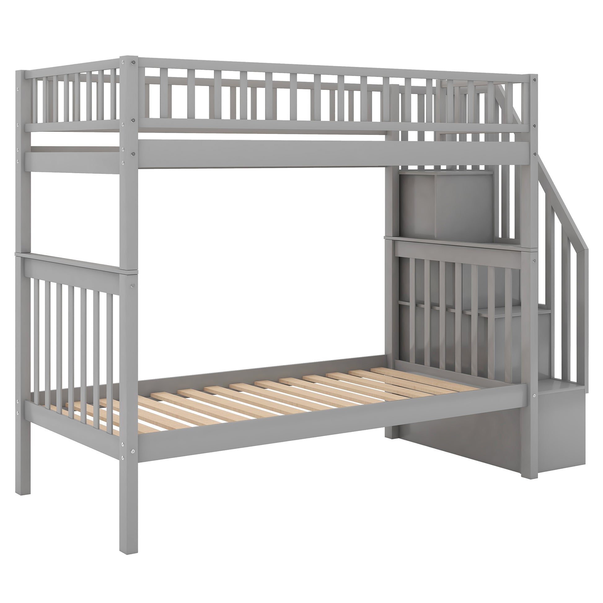 Gray wooden twin over twin bunk bed with stairs