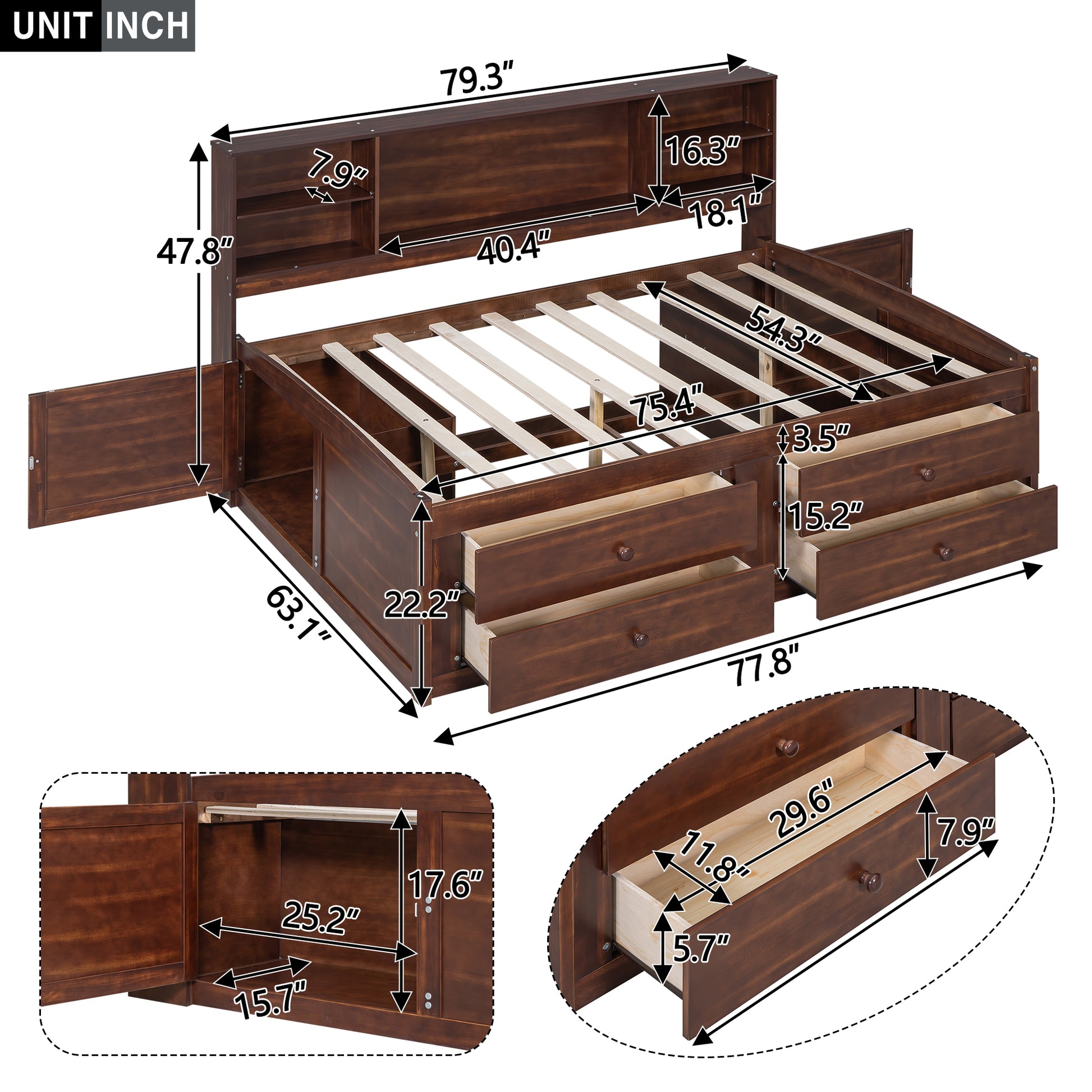Dark brown wooden storage bed frame with open drawers and headboard shelves