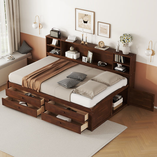 Dark wood platform bed with integrated bookcase headboard and six drawers