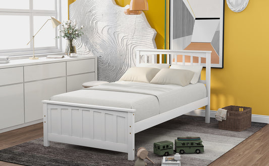White wooden twin bed frame with slatted headboard and footboard
