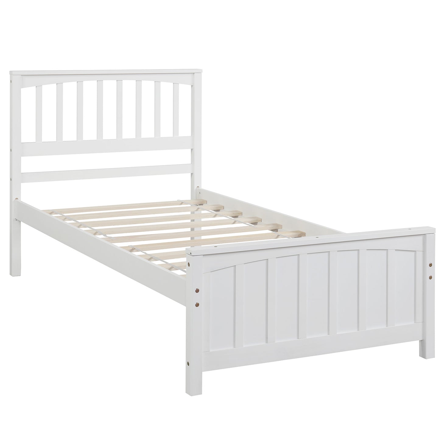 White wooden twin bed frame with slatted headboard and footboard