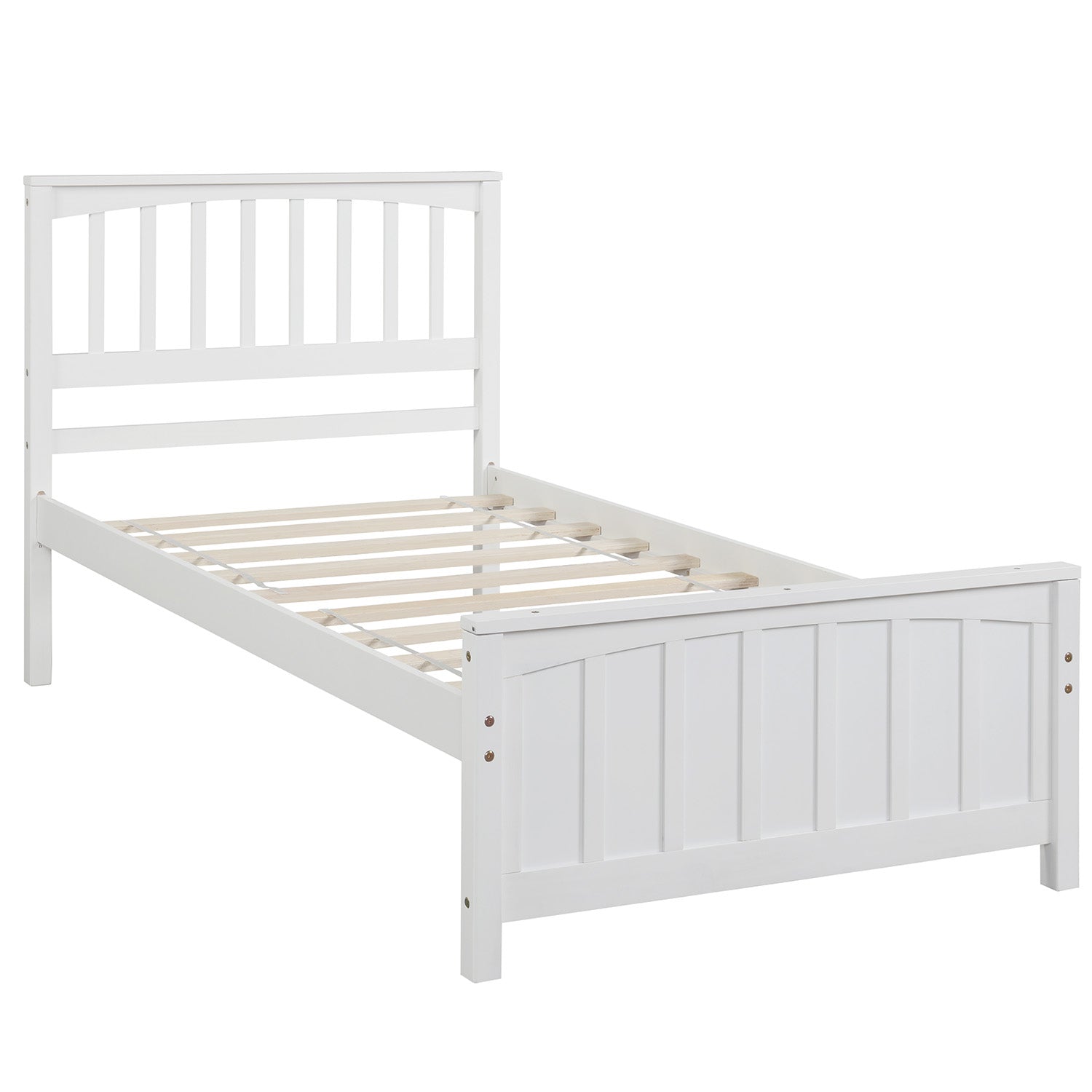 White wooden twin bed frame with slatted headboard and footboard