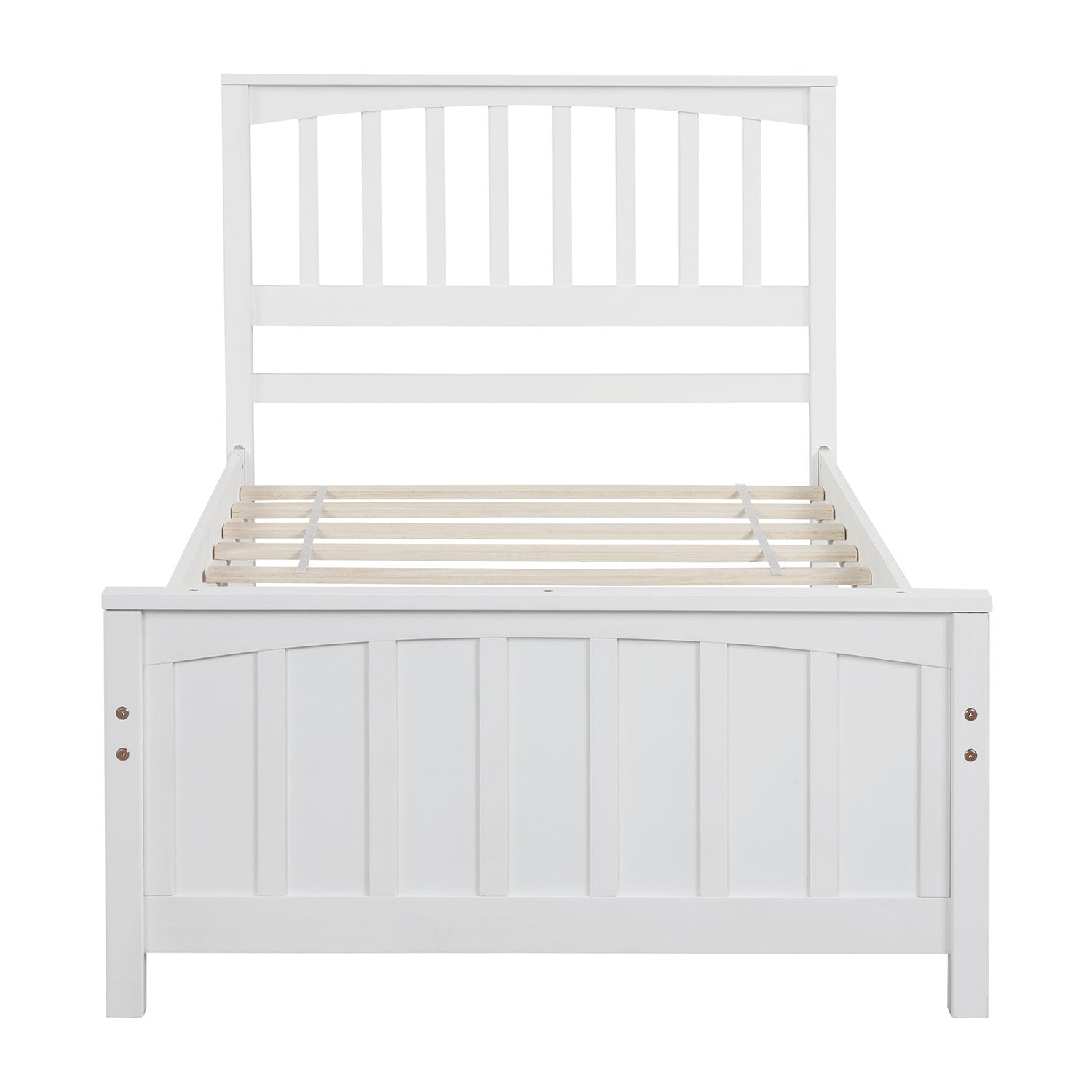 White wooden twin bed frame with slatted headboard and footboard