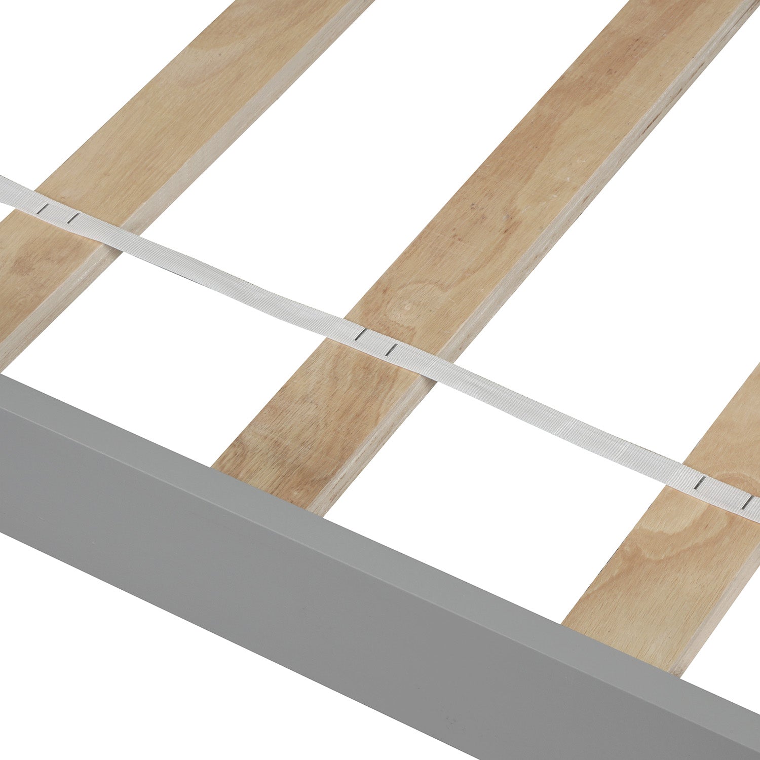 Closeup of grey bed frame with natural wood slats and white support strap