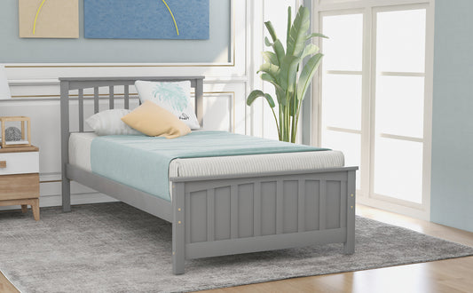 Gray wooden twin bed with vertical panel headboard and footboard