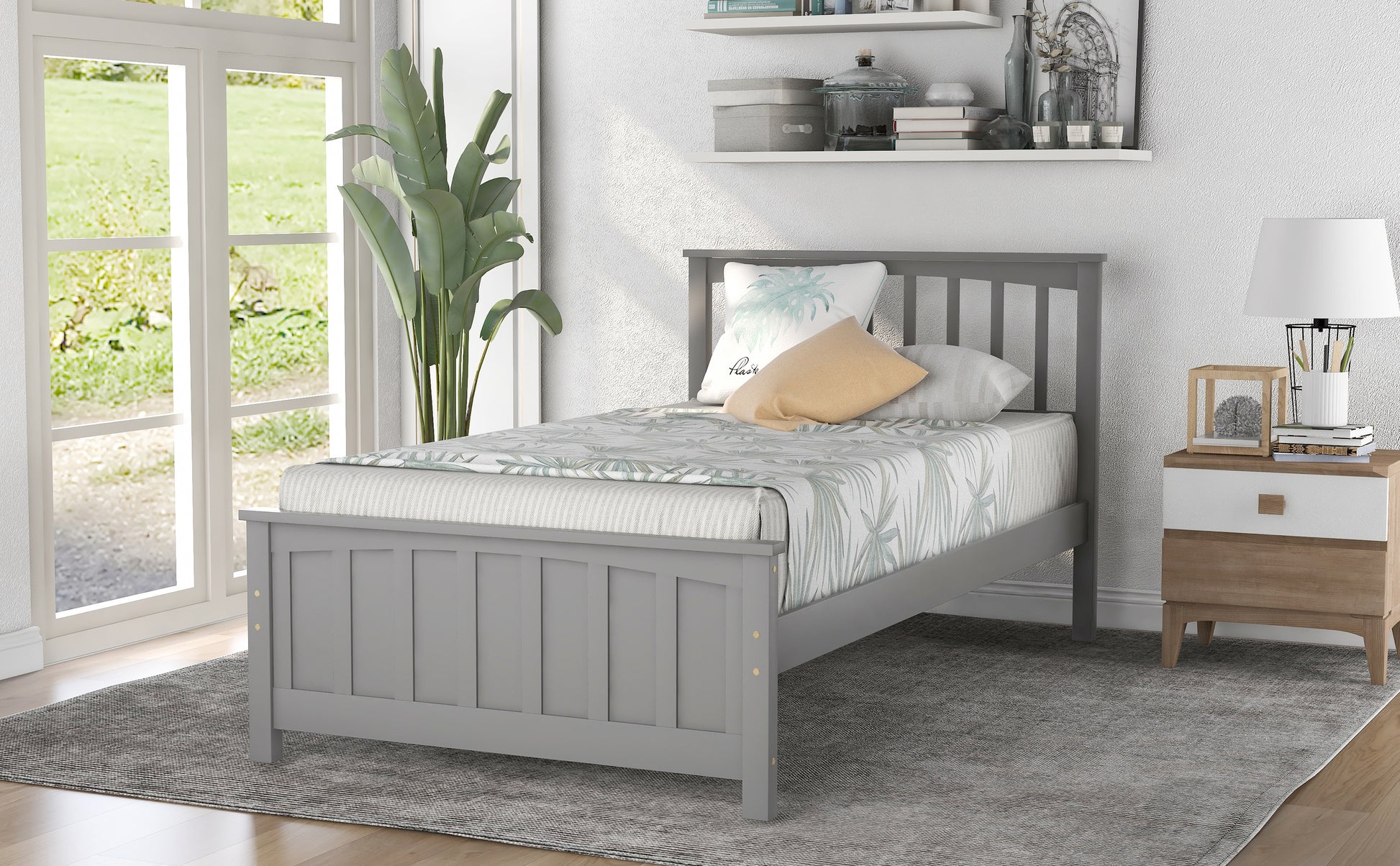 Gray wooden twin bed with slatted headboard and footboard