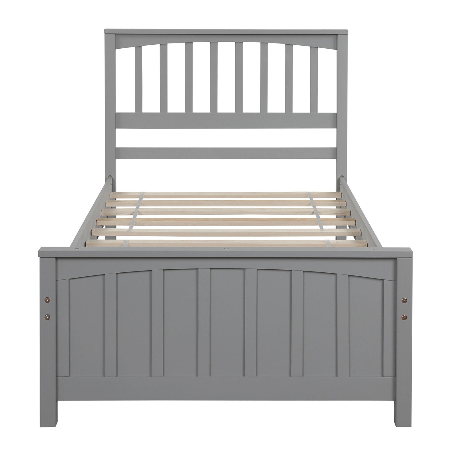 Gray wooden twin bed frame with slatted headboard and footboard