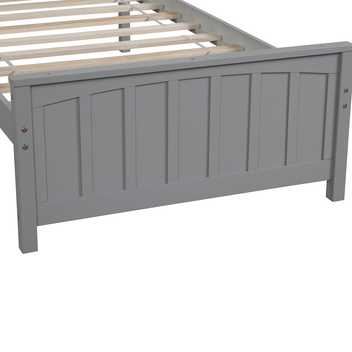 Gray wooden bed frame with vertical slats and arched top panel