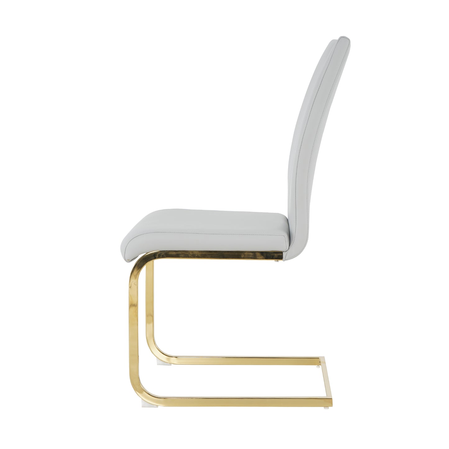 Modern white leather dining chair with polished gold sled base