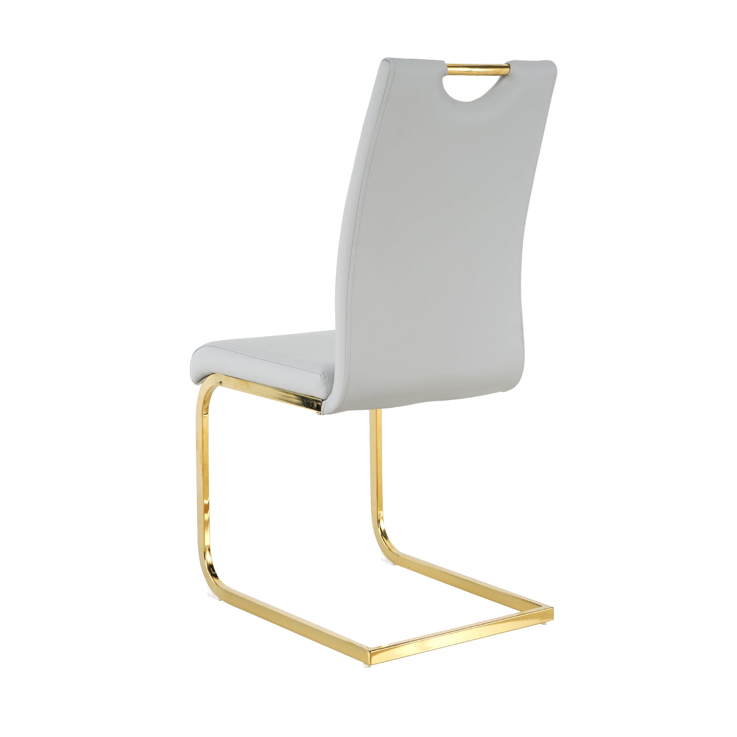 Modern gray faux leather dining chair with gold cantilever base