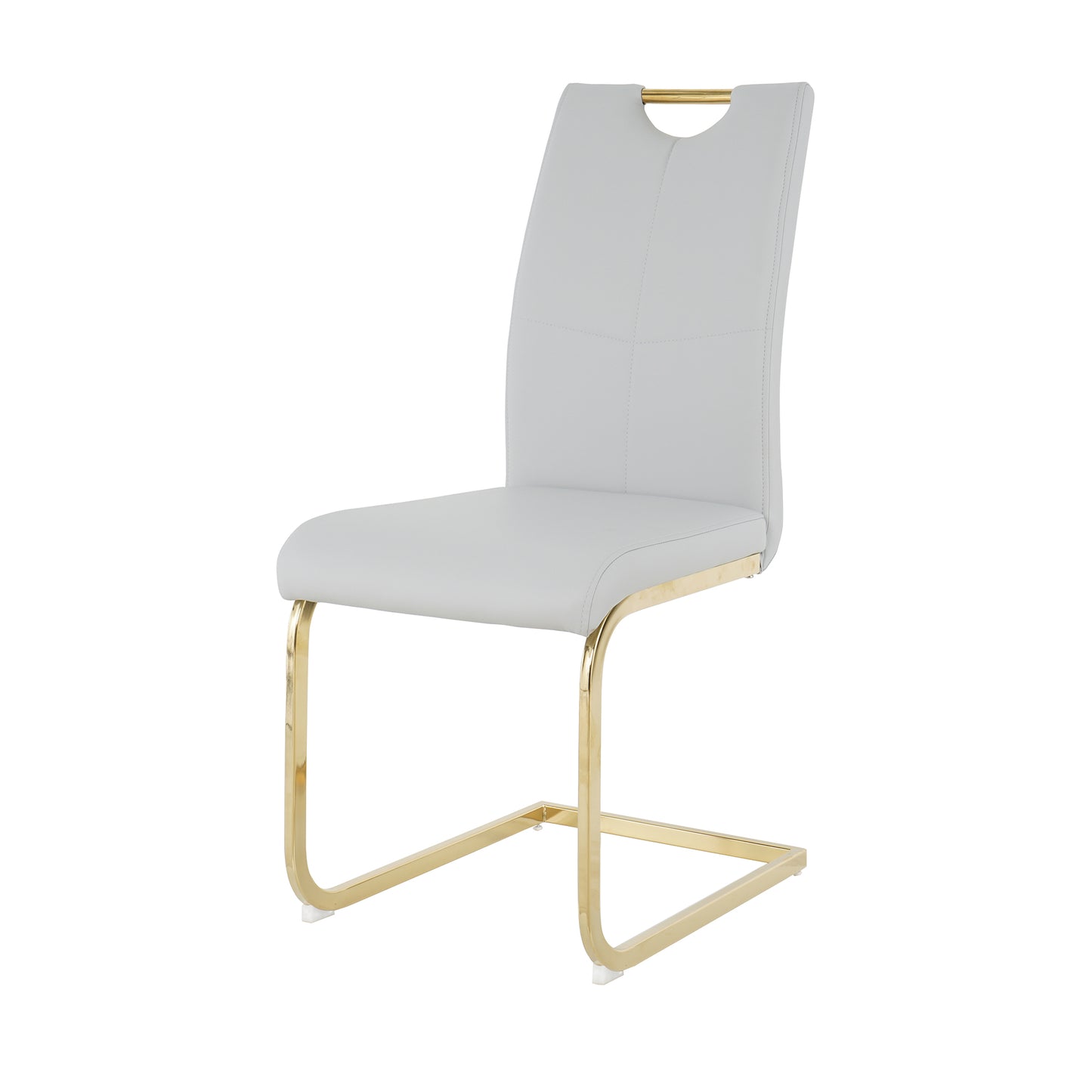 Light gray faux leather dining chair with gold sled base and integrated handle