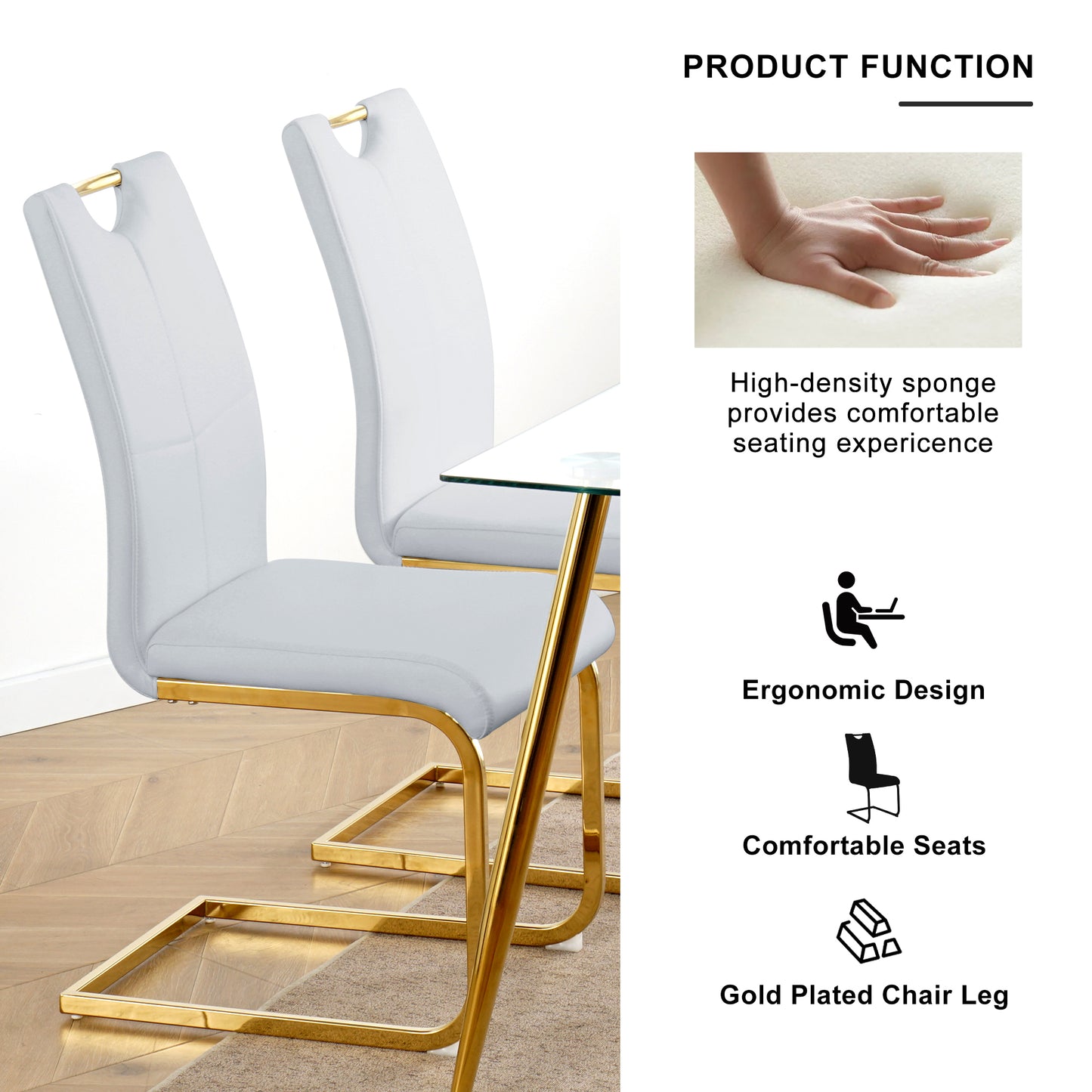 White upholstered dining chair with gold plated leg and back accent