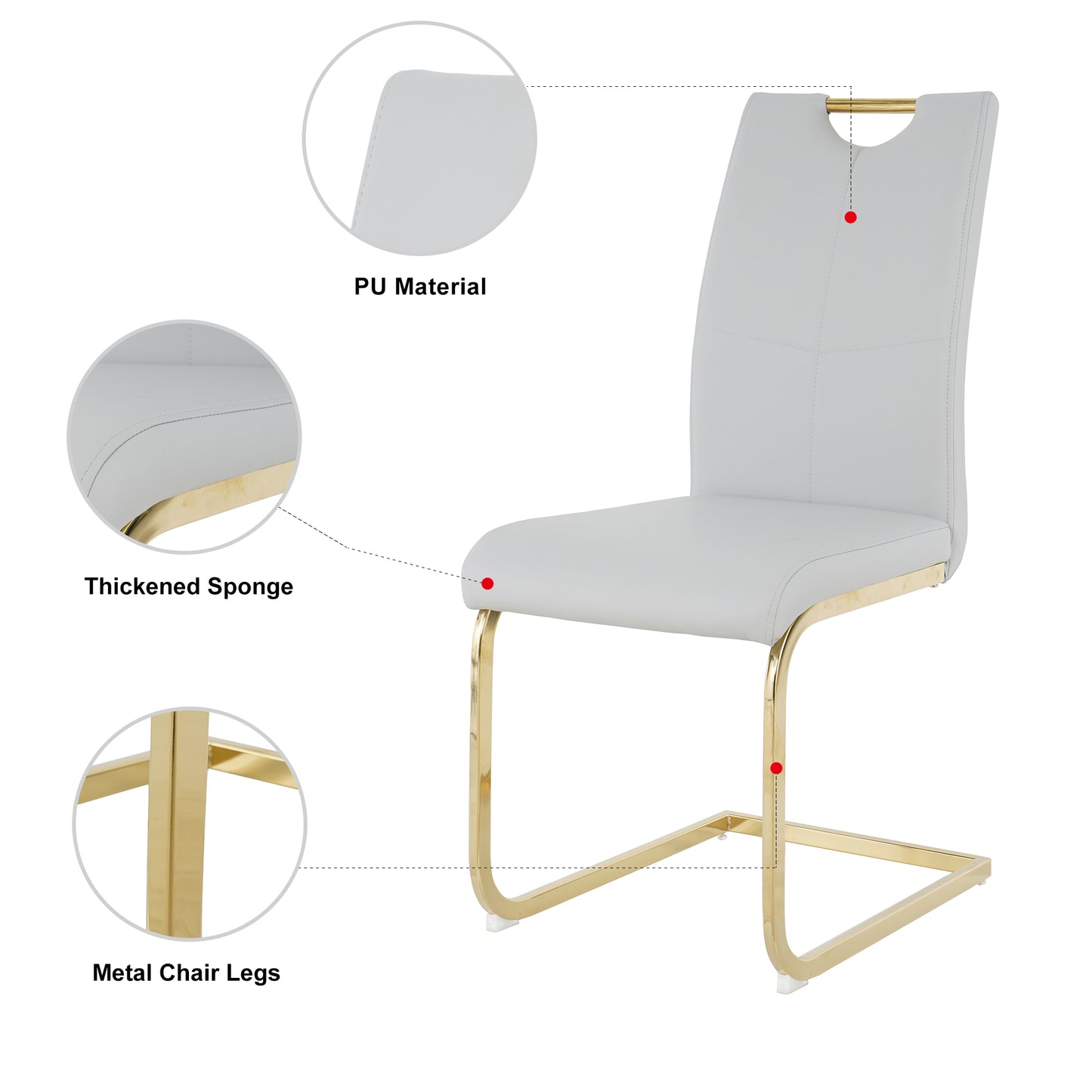 Modern grey PU dining chair with gold metal cantilever legs and upholstered seat