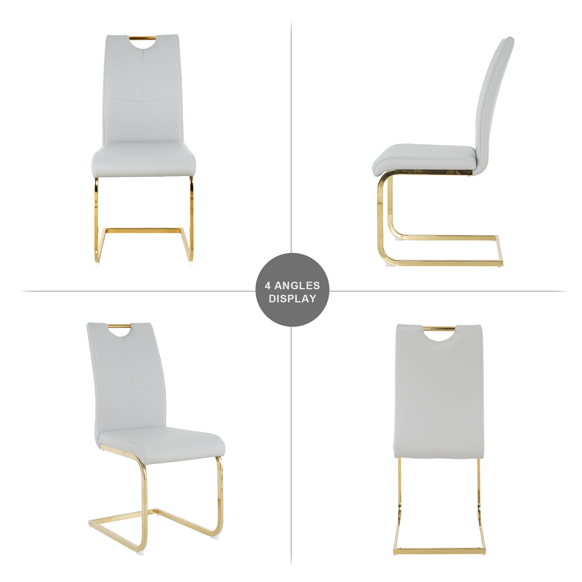 Gray faux leather dining chair with gold metal cantilever base