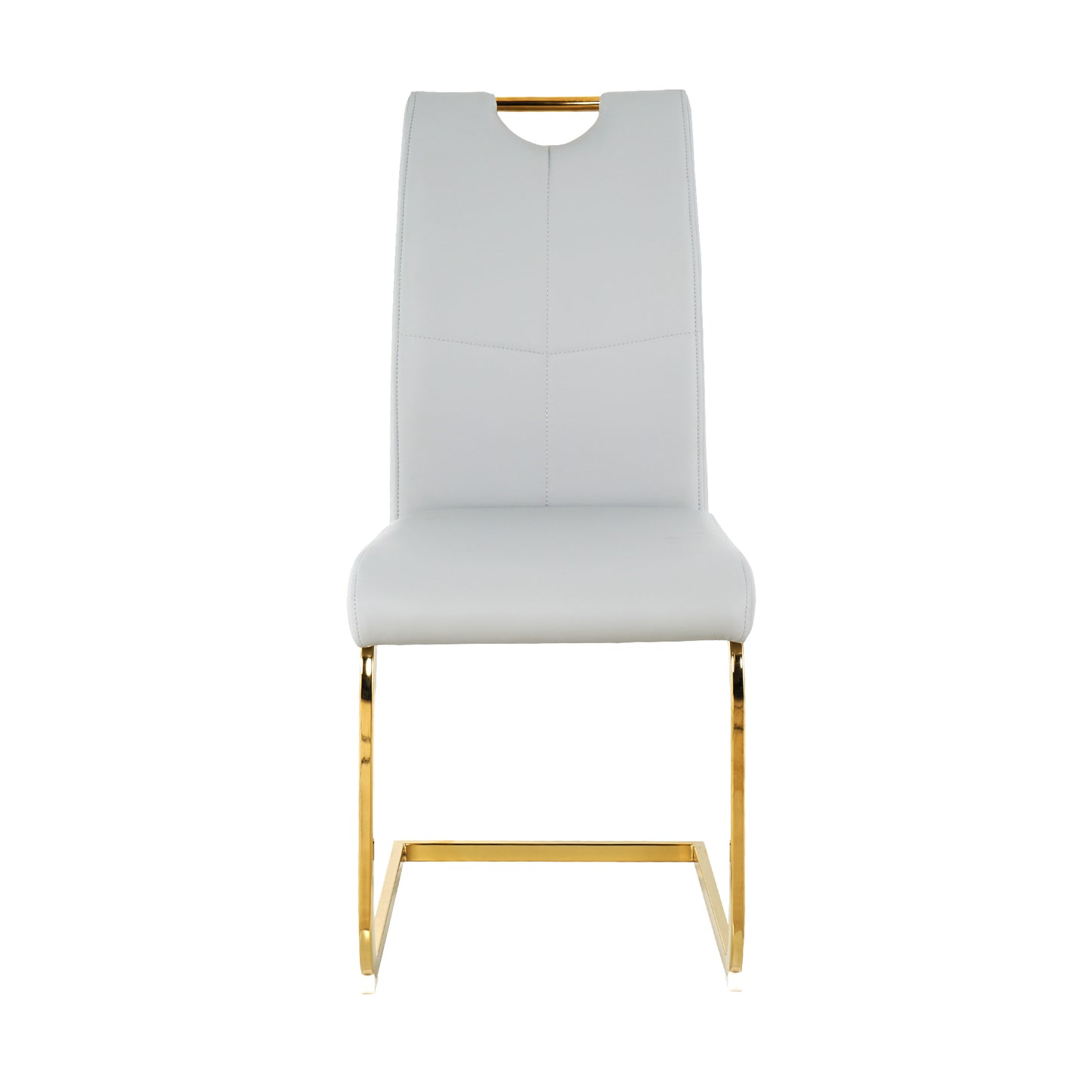 Light gray faux leather dining chair with gold metal frame and integrated handle
