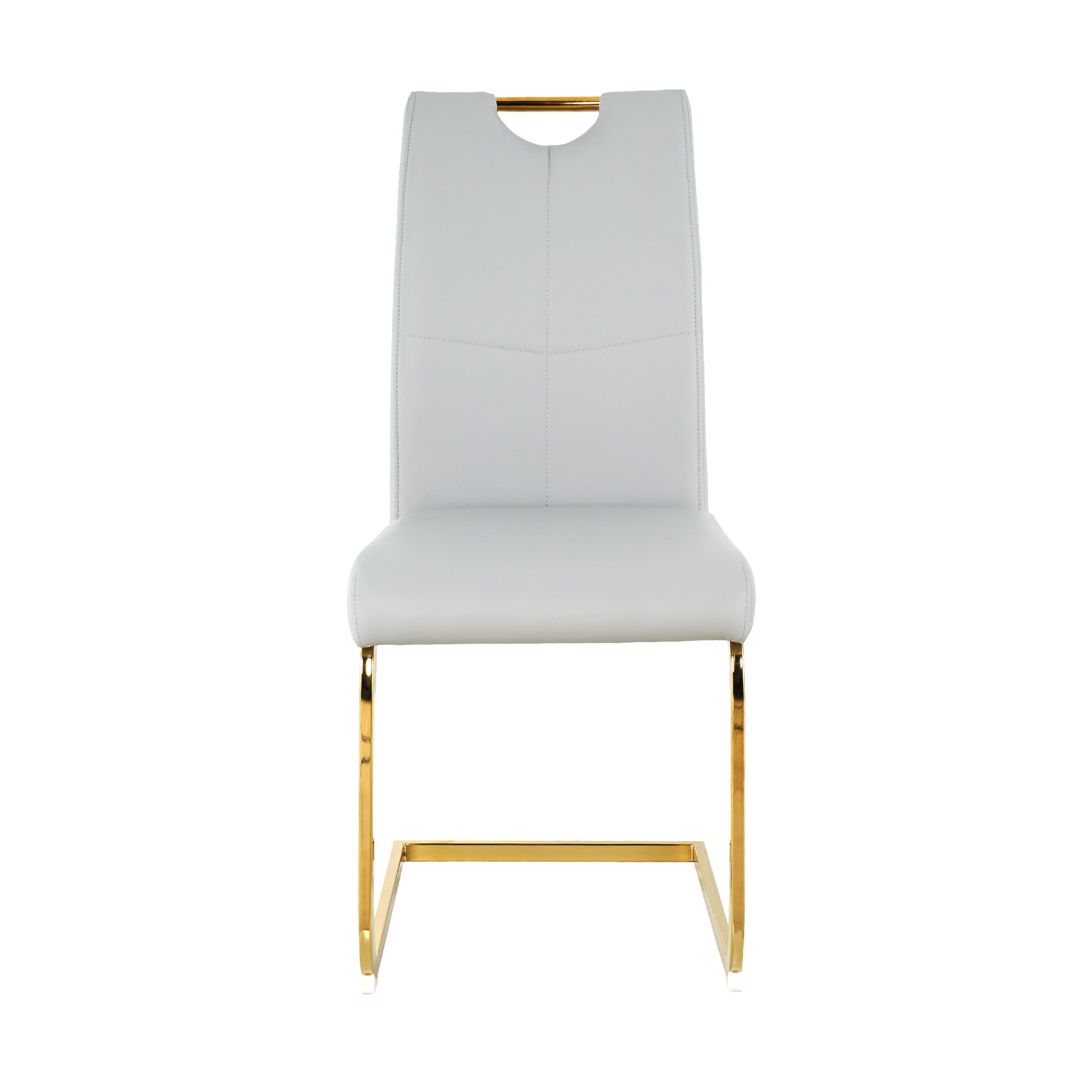 Light gray faux leather dining chair with gold metal frame and integrated handle