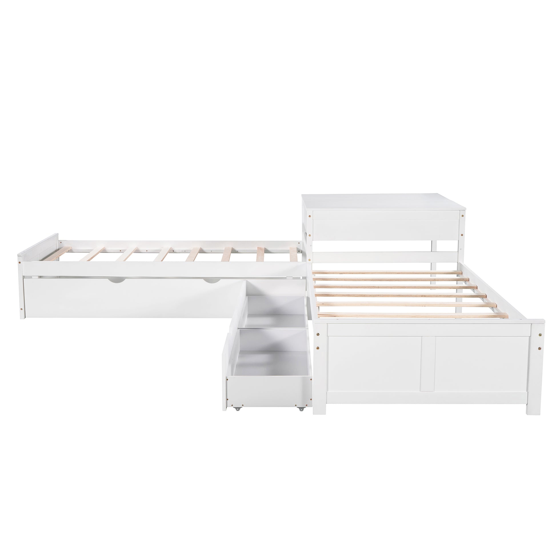 White Lshaped twin bed frame with integrated drawers and ladder