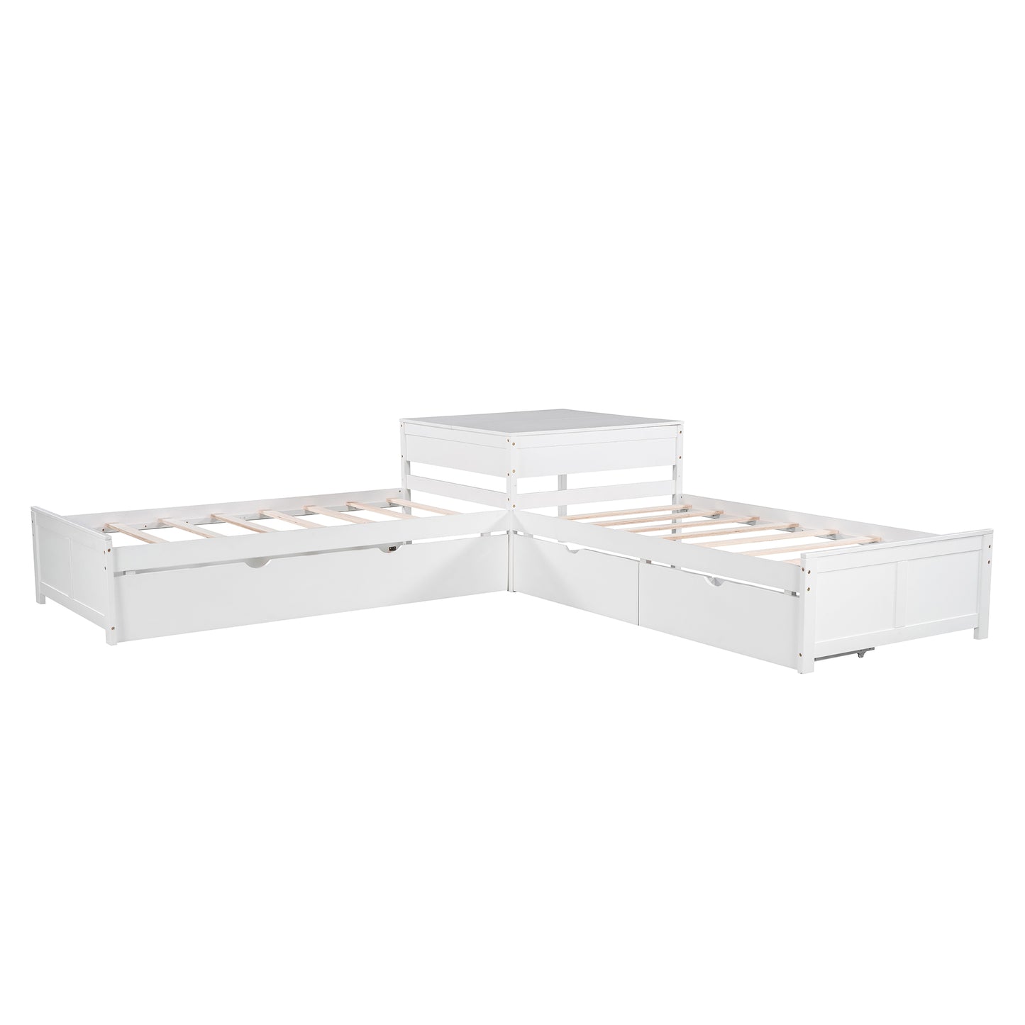 White Lshaped twin bed with builtin drawers and storage cube