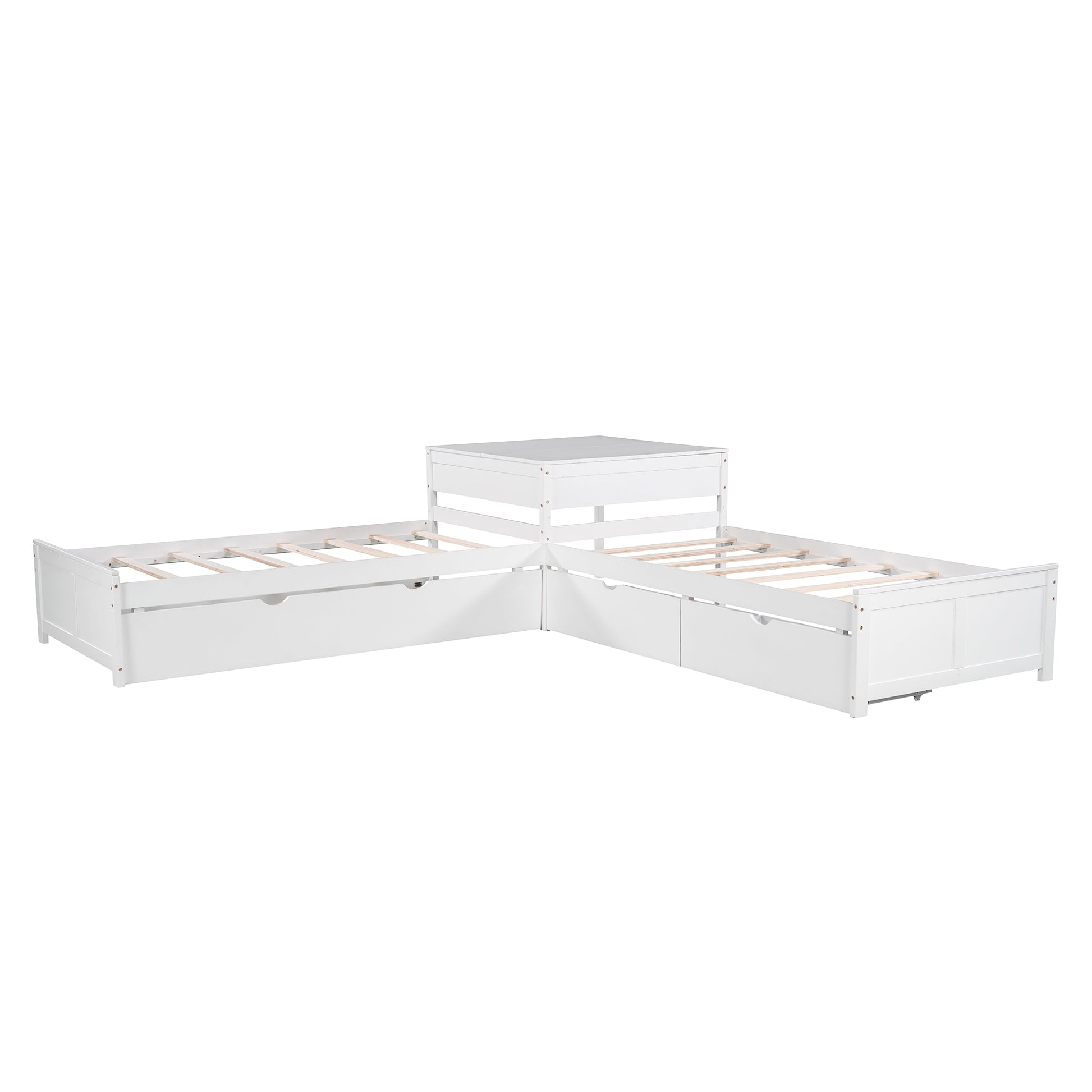 White Lshaped twin bed with builtin drawers and storage cube