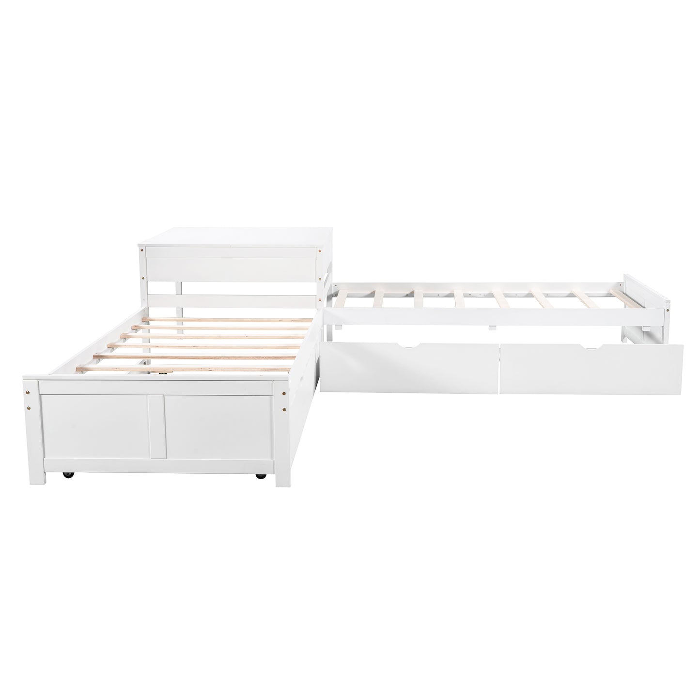 White Lshaped twin daybed with pullout trundle and storage drawers