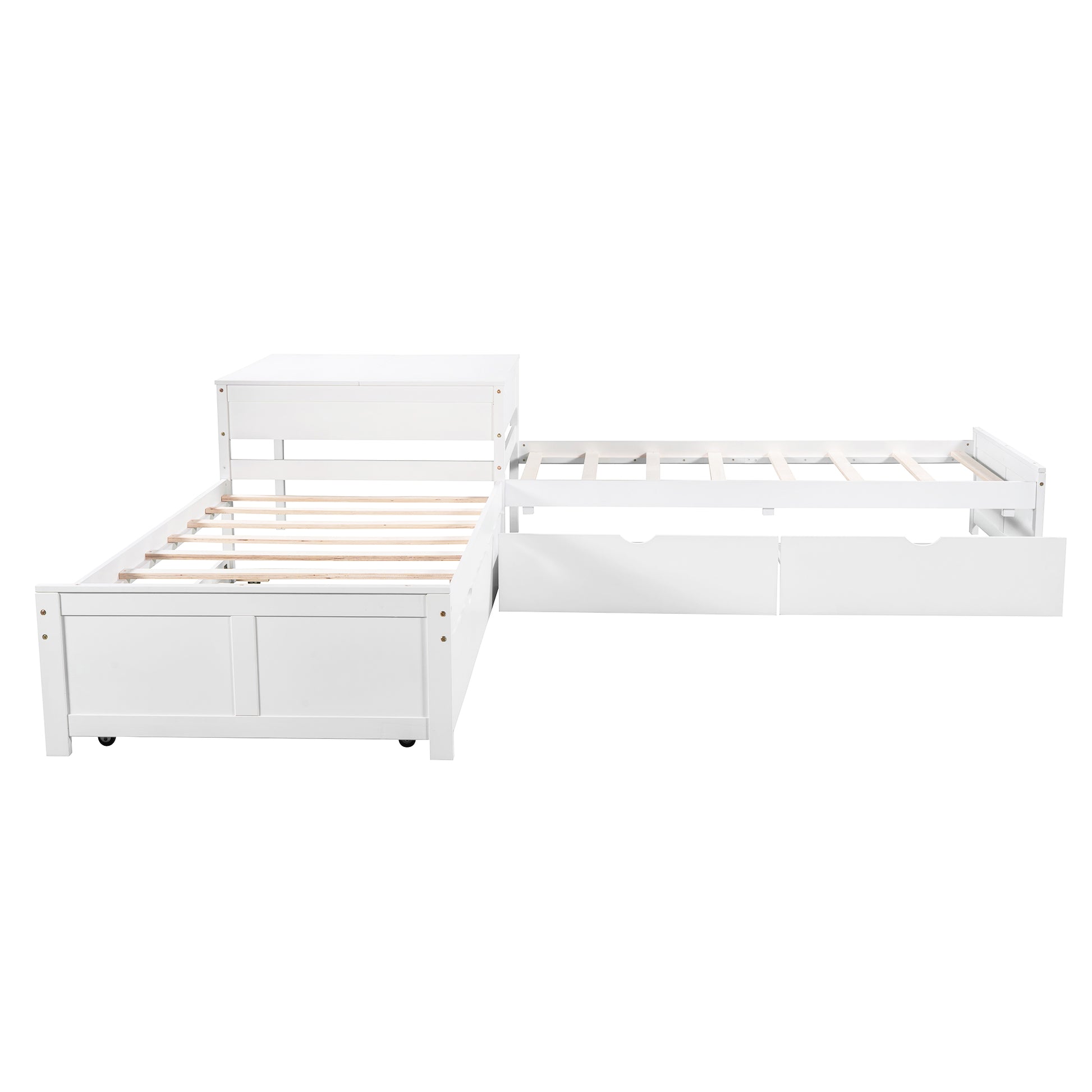 White Lshaped twin daybed with pullout trundle and storage drawers