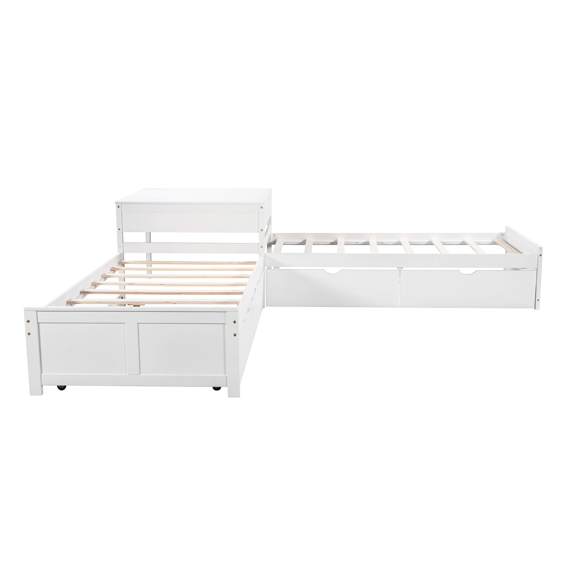 White Lshaped twin daybed with three drawers and rollout trundle