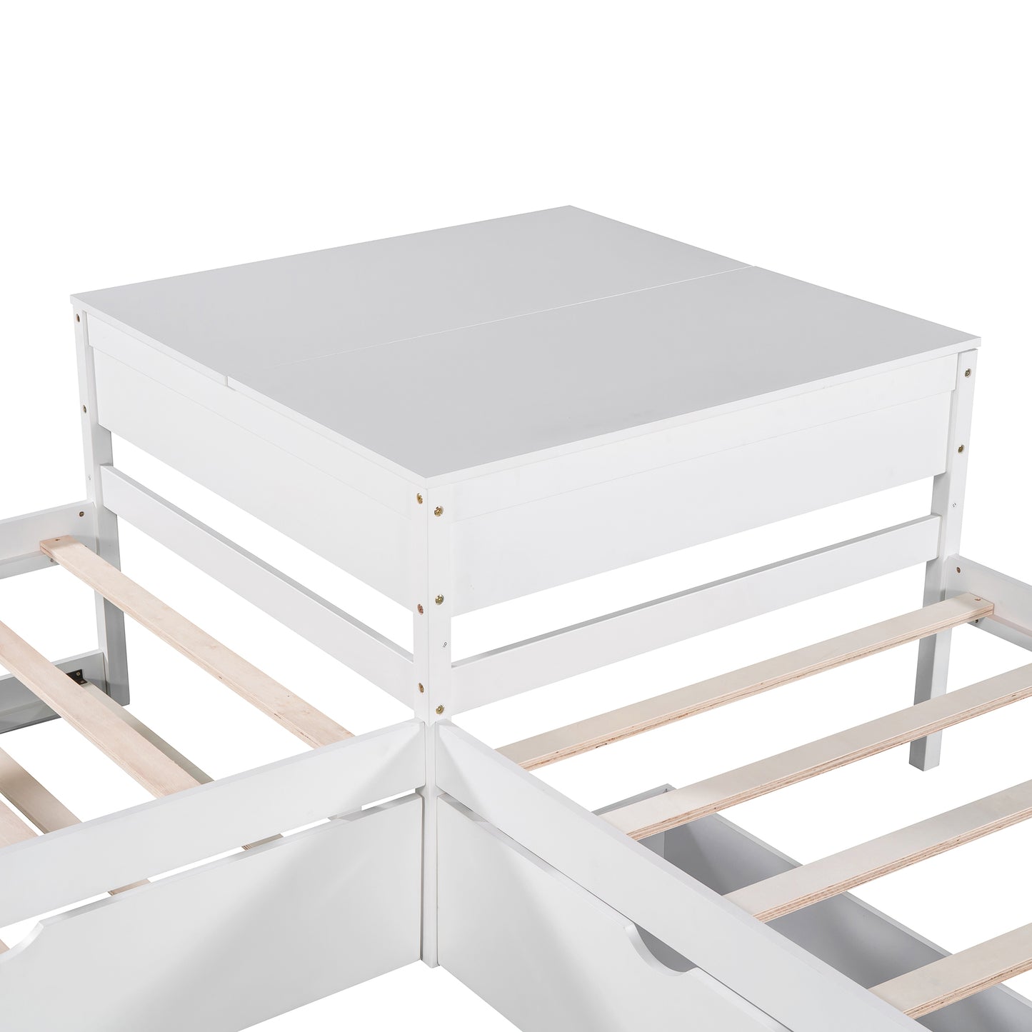 White wooden bed frame detail with slatted base