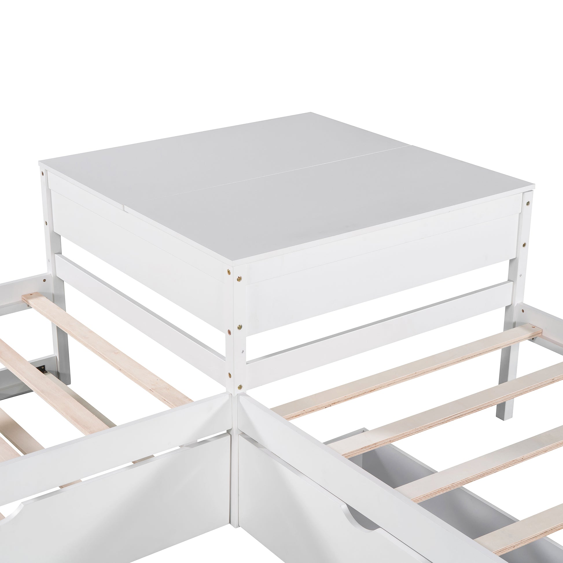 White wooden bed frame detail with slatted base